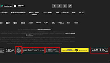 A screenshot of the Gala Casino website showing the GamCare, GambleAware, UKGC, GamStop, GBGA and IBAS logos.
