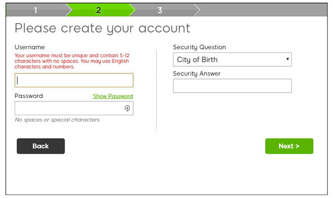Registration screen at an online casino asking the user to set up an account