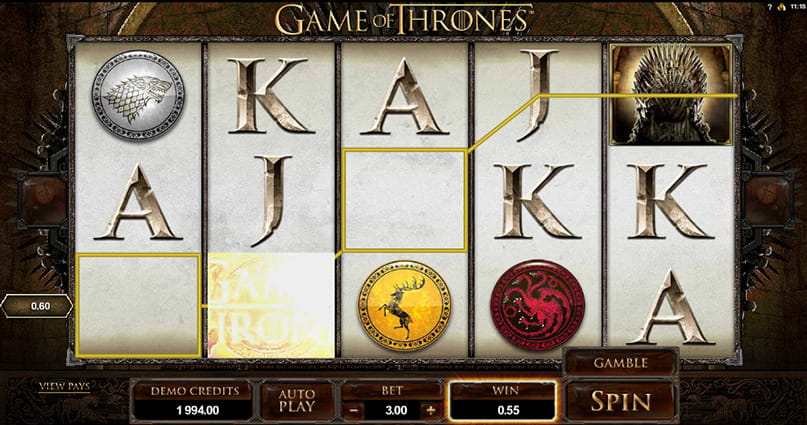 The Game of Thrones 15 ways slot game in-play.