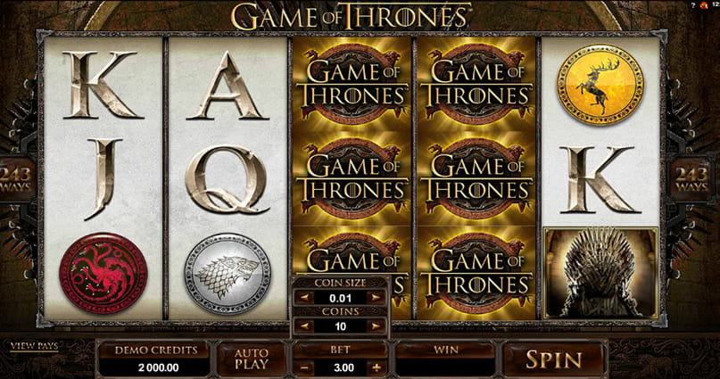 The Game of Thrones 243 Ways online slot game from Microgaming, with themed icons.