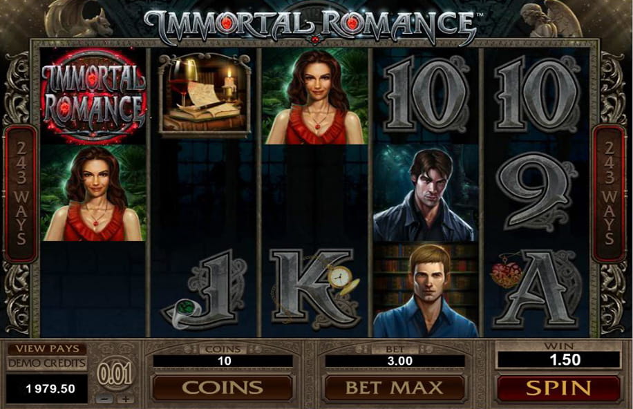 A winning payline in the Immortal Romance slot from Microgaming.