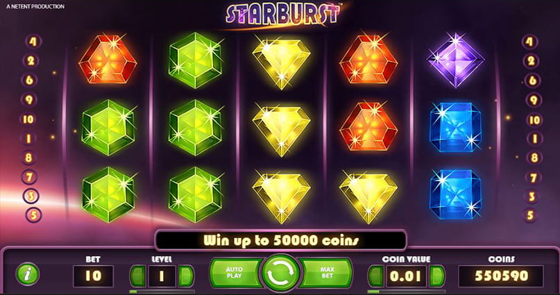 The five-reel, three-row grid of the Starburst slot from NetEnt